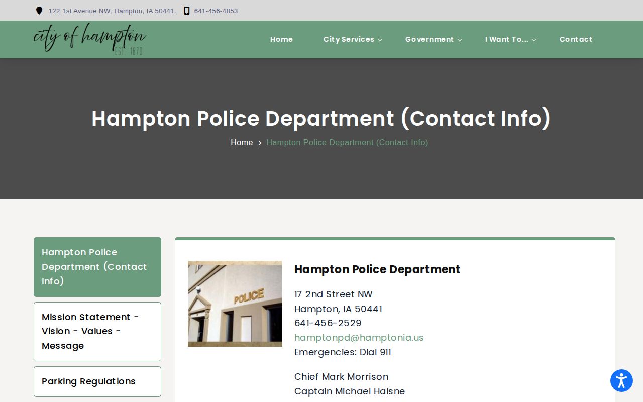 Hampton Police Department arrest-record contact page in Franklin County