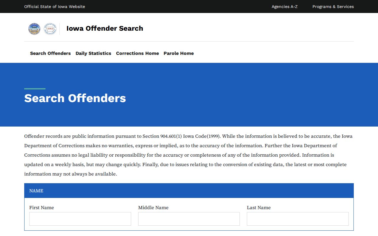 Iowa DOC Franklin County offender record search fields